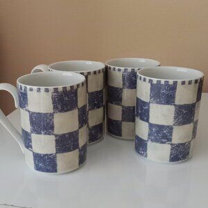 4 Vintage Dansk "CHECKAR BLUE" Pattern 10 oz. Mugs, never used.